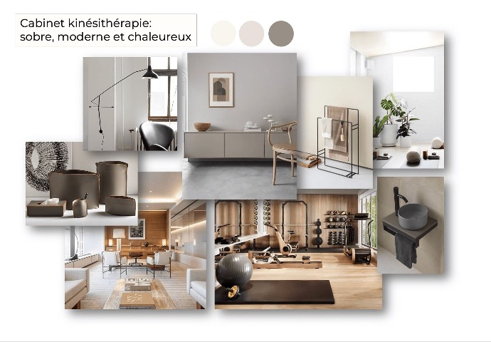 Planche d'ambiance cabinet moderne et chaleureux Planche d'ambiance cabinet de kinésithérapie design